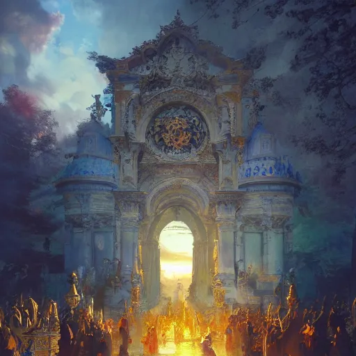 Image similar to beautiful colorful picture of the gates of heaven, volumetric lighting, 8 k octane beautifully detailed render, post - processing, extremely hyper - detailed, intricate, epic composition, cinematic lighting, masterpiece, trending on artstation, detailed detailed detailed, masterpiece, stunning art by anders zorn, wonderful masterpiece by greg rutkowski, beautiful cinematic light,