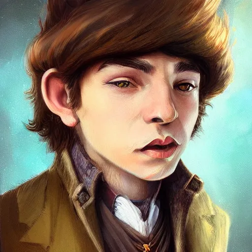 Prompt: Brown haired halfling oil portrait, middle aged, dandy elegant fop diminutive by Anato Finnstark, Tony Sart highly detailed, artgerm, digital illustration, concept art