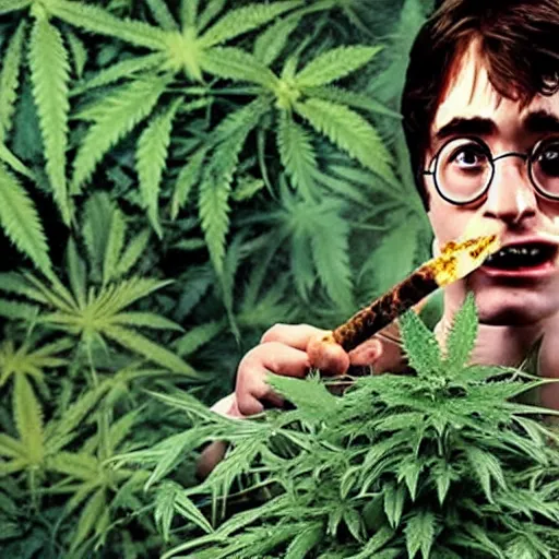 Prompt: harry potter holding a long joint, harry potter smoking weed and being high as fuck, surrounded by weed plants, jungle of weed plants, red fire eyes, realistic