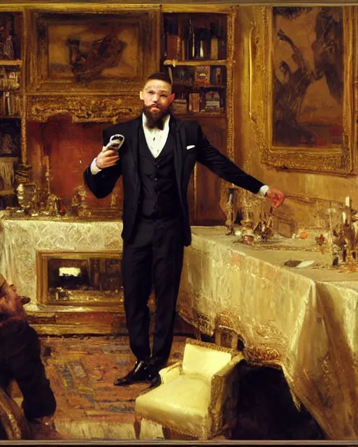 Image similar to tom hardy ( ( ( beard ) ) ) clean - shaven, reciting poetry to a room full of businessmen, painting by gaston bussiere, craig mullins, j. c. leyendecker