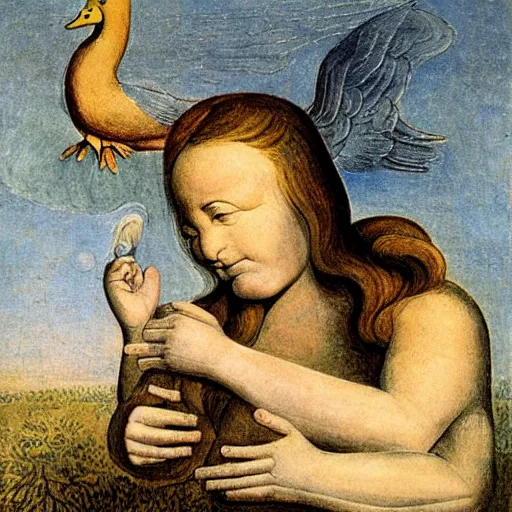 Prompt: biblical angel with the head of a duck, by jean deville, by william blake, oil on canvas