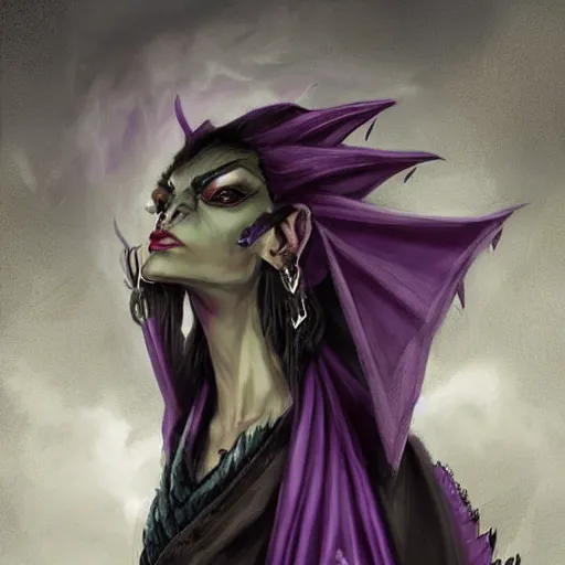 Prompt: ferocious purple female dragonborn, wearing a cape, wizard robe, sinister and stylish, pretty, beautiful, eyes!!, dnd character art portrait, matte fantasy painting, deviantart artstation, by jason felix, by steve argyle, by tyler jacobson, by peter mohrbacher, cinema