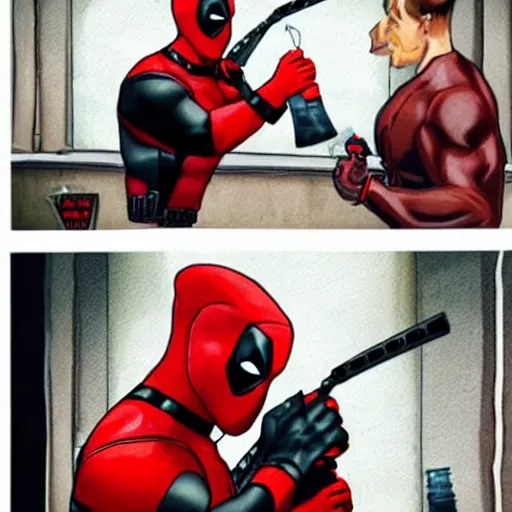 Image similar to deadpool eating a subway sandwhich photorealistic