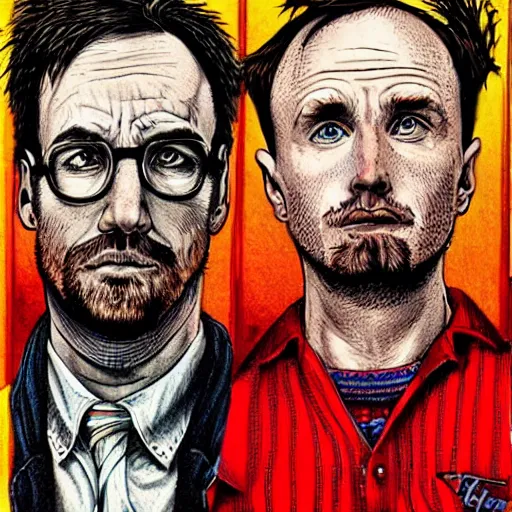 Image similar to The Artwork of R. Crumb and his Cheap Suit Breaking-Bad-Jesse-Pinkman, pencil and colored marker artwork, trailer-trash lifestyle