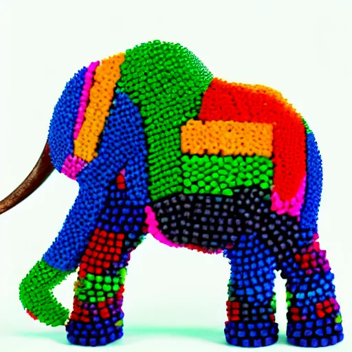 Prompt: Elephant made out of fruity pebble treats. Colorful skin, neon glow