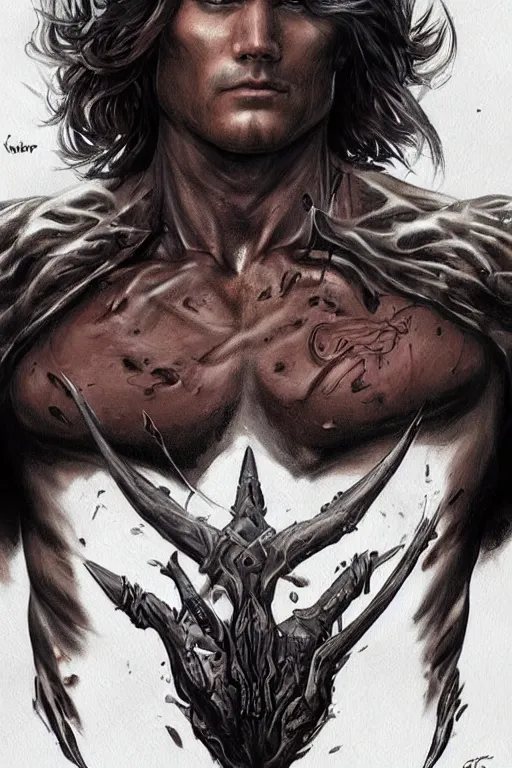 Image similar to face and torso portrait of pretty muscular sam winchester as a dark mage warrior tattooed, d & d!, fantasy style, sharp focus!, ultra detailed, art by artgerm and peter andrew jones, wlop