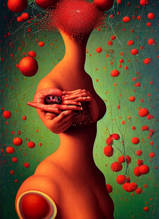 Prompt: hyper detailed Oil painting - Ada Lovelace Eats of the Strangling Fruit and her gossamer polyp blossoms bring iridescent fungal flowers whose spores black the foolish stars by Jacek Yerka, Mariusz Lewandowski, Abstract brush strokes, Masterpiece, Edward Hopper and James Gilleard, Zdzislaw Beksinski, Mark Ryden, Wolfgang Lettl, hints of Yayoi Kasuma