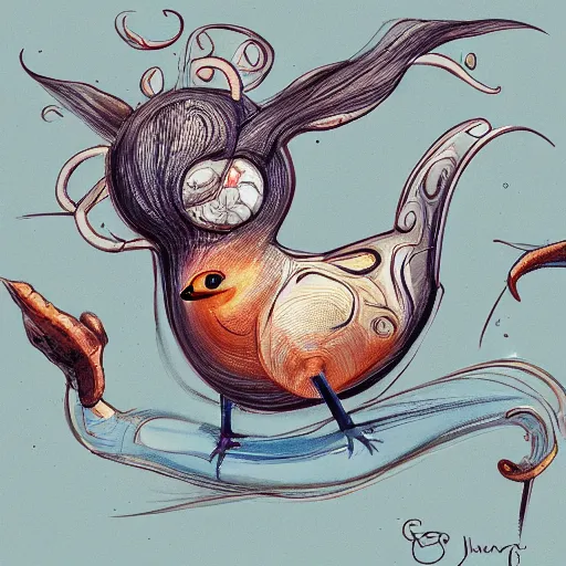 Image similar to a snailbird, a snailbird is a personified snail with a face mixed with a bird, has wings, has snail shell, uhd, painted by james jean