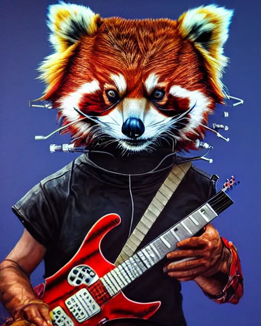 Image similar to a portrait of an anthropomorphic cyberpunk red panda shredding an electric guitar by sandra chevrier, by jon foster, detailed render, electric guitar, epic composition, cybernetics, 4 k realistic, cryengine, realistic shaded lighting, sharp focus, masterpiece, by enki bilal