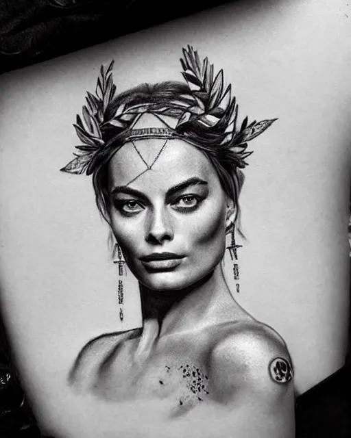 Image similar to realism tattoo sketch of margot robbie as a beautiful greek goddess aphrodite with piercing eyes wearing a laurel wreath and triangle earrings, in the style of greg rutkowski, amazing detail