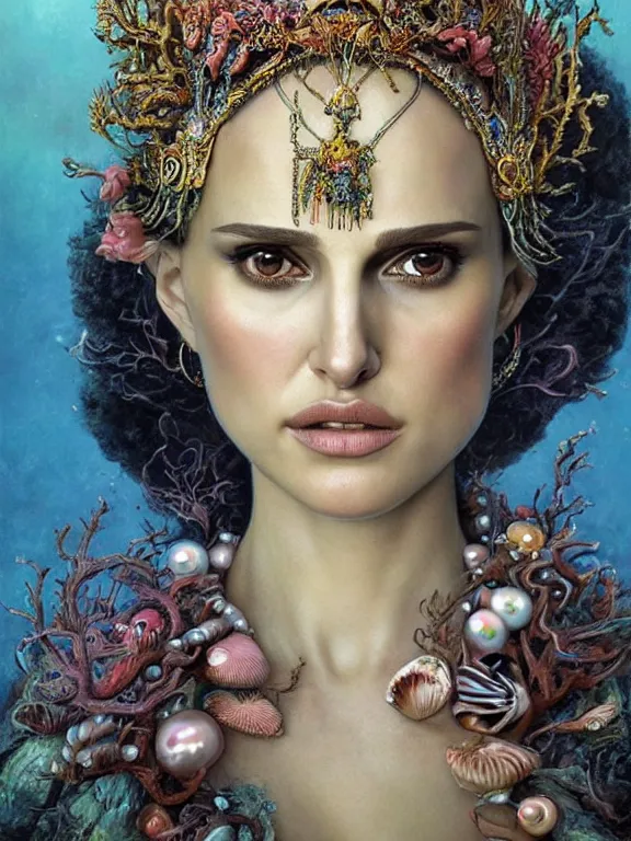 Prompt: a portrait render of Natalie Portman between fish and coral reef who has baroque dramatic headdress with intricate fractals of shellfish and pearls,by tom bagshaw and Agnieszka Lorek and Visarute Angkatavanich and aaron horkey and peter gric,trending on pinterest,rococo,hyperreal,maximalist,glittering,feminine