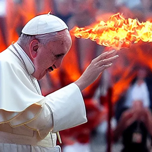 Prompt: a photo of the pope breathing out fire at a carnival sideshow