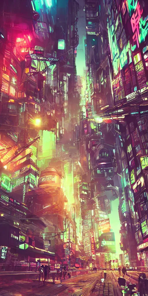 Prompt: lively futuristic sci-fi city superstructure, neon lights and illuminated windows, grungy textures and graffiti, crowds of people, cinematic street view, clean detailed 8k sci-fi illustration, trending on art station