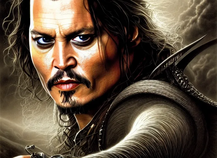 Image similar to wideangle!! portrait shot of johnny depp in the lord of the rings, intricate, elegant, highly detailed, centered, digital painting, artstation, concept art, smooth, sharp focus, illustration, artgerm, tomasz alen kopera, peter mohrbacher, donato giancola, joseph christian leyendecker, wlop, boris vallejo