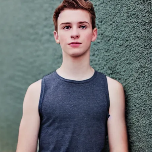 Prompt: portrait of a boy, around 22 yo with natural brown hair and green eyes. Smooth, pale skin and a net tanktop. Blue sky background.