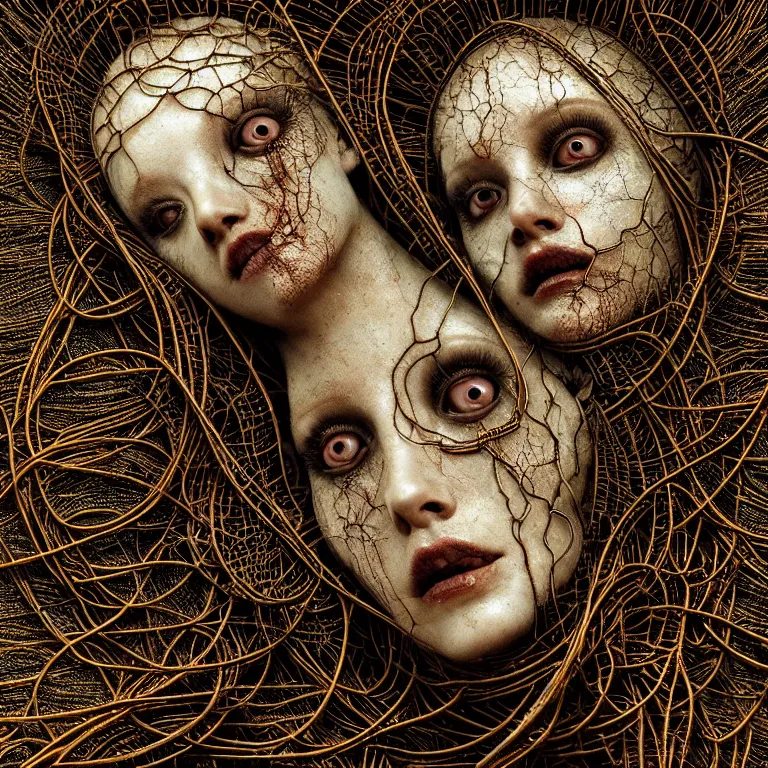 Image similar to ribbed abandoned closeup face portrait of faceless woman on exoplanet, covered with tentacles, roots, wires, tubes, baroque painting, standing in a desolate empty wasteland, creepy, nightmare, dream-like heavy atmosphere, surreal abandoned buildings, beautiful detailed intricate insanely detailed octane render trending on Artstation, 8K artistic photography, photorealistic, chiaroscuro, Raphael, Caravaggio, Beksinski, Giger