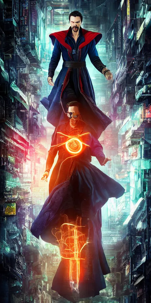 Image similar to cyberpunk, dr strange, photograph, cyborg, robot,, cinematic,