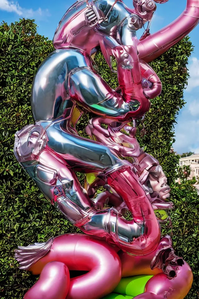 Prompt: close - up of a cyborg chrome nymph statue wrestling with a giant inflatable flamingo pool float, surrounded by medinilla magnifica flowers and smoke, by jeff koons, hajime soryama, boris vallejo, artgerm, greg rutkowski, alphonse mucha