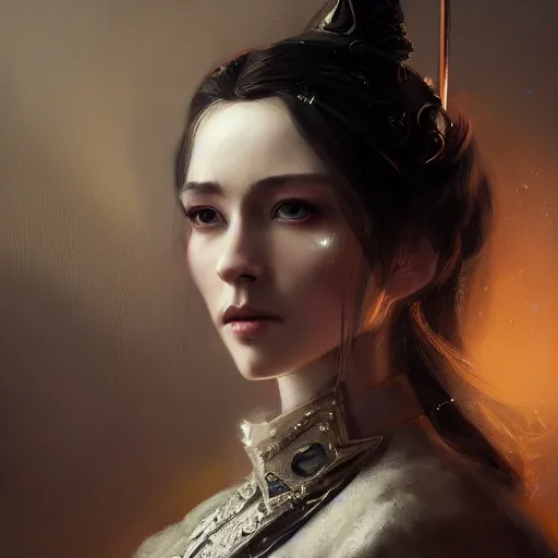 Image similar to A fancy portrait of an attractive noble women by Greg Rutkowski, Sung Choi, Mitchell Mohrhauser, Maciej Kuciara, Johnson Ting, Maxim Verehin, Peter Konig, Bloodborne, 8k photorealistic, cinematic lighting, HD, high details, dramatic, dark atmosphere, trending on artstation