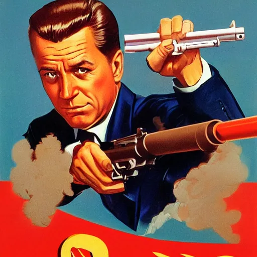 Image similar to propaganda poster of joe biden pointing gun directly at camera in james bond movie, closeup of gun, visible barrel and grip by j. c. leyendecker, bosch, lisa frank, jon mcnaughton, and beksinski