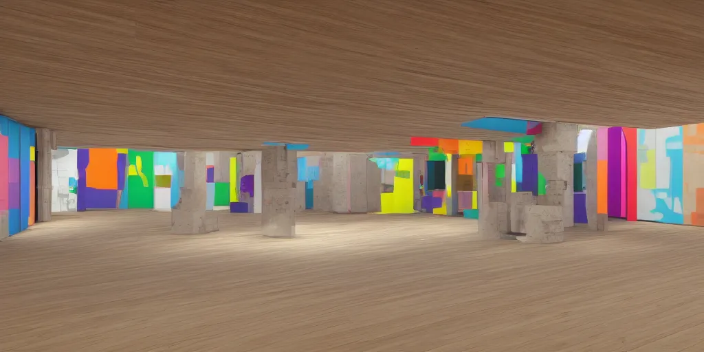 Prompt: a high colourful coloured 3 d octane model of a brutalism art gallery with wooden floor in walnut, highly detailed