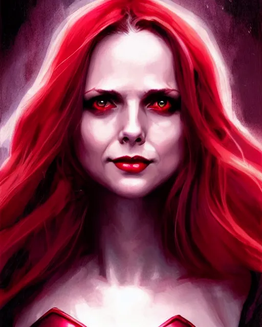 Prompt: Scarlet witch marvel, Sarah Michelle Gellar, evil smile, spells magic, realistic character concept, full body, scary pose, comic book, illustration, slender symmetrical face and body, cinematic lighting, high resolution, Charlie Bowater, Norman Rockwell, symmetrical eyes, single face, insanely detailed and intricate, beautiful
