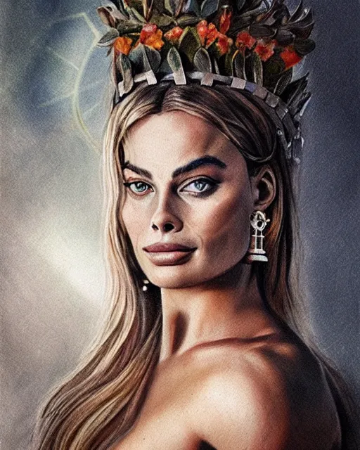 Image similar to realism tattoo sketch of margot robbie as a beautiful greek goddess aphrodite with piercing eyes wearing a laurel wreath and triangle earrings, in the style of greg rutkowski, amazing detail