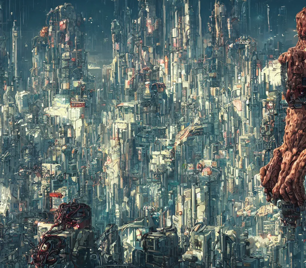 Prompt: the giant flesh golem destroying cyberpunk city underwater