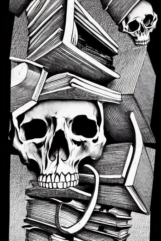 Prompt: stack of ancient books and skulls, art by m c escher, surreal black ink sketch, black and white, vector, vector art