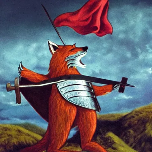 Prompt: anthropomorphic fox who is a medieval knight holding a sword towards a stormy thundercloud 1 9 3 0 s film still, fantasy castle in the background