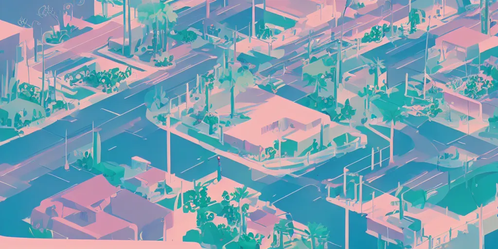 Image similar to a beautiful illustration Palm Springs by James Gilleard, Studio Ghibli, geometric lines, 8k, 4k