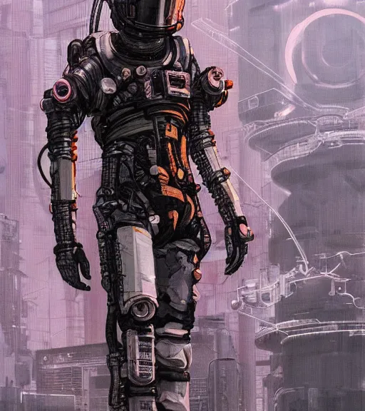 Image similar to realistic cyberpunk engineer with long limbs and a black spacesuit on a spacewalk, techwear, dead space, visible face, Industrial Scifi, detailed illustration, character portrait, by Ashley Wood and Moebius