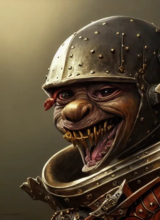 Image similar to highly detailed closeup portrait of a medieval goblin dressed as a knight, stephen bliss, unreal engine, greg rutkowski, ilya kuvshinov, ross draws, hyung tae and frank frazetta, tom bagshaw, tom whalen, nicoletta ceccoli, mark ryden, earl norem, global illumination, god rays, detailed and intricate environment