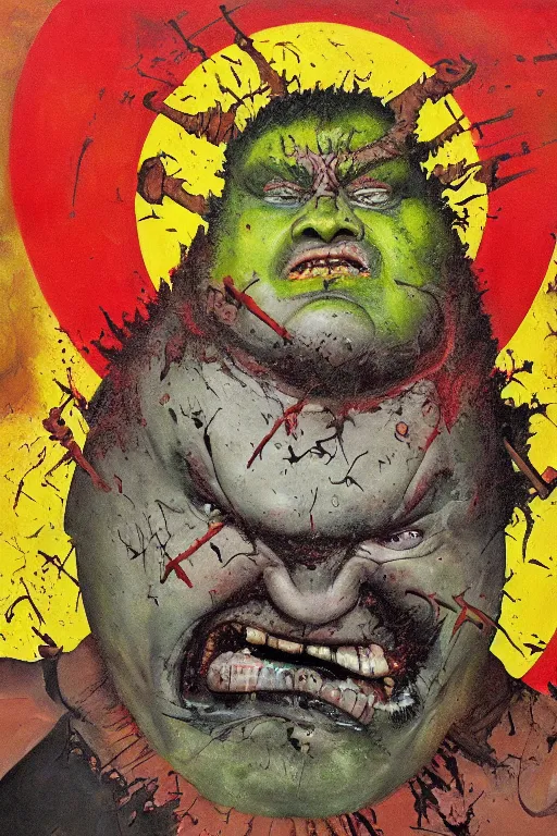 Image similar to surreal a hulking herculeanjohn candy as nurgle the unclean in a post apocalyptic hellscape, esoteric symbolism, intense emotional power, red yellow black, palette knife oil painting by peter booth and william blake