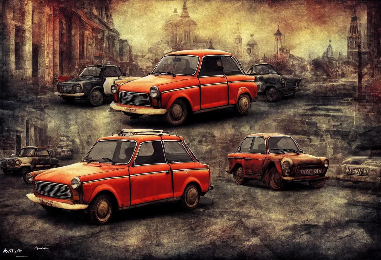 Image similar to old trabant as soviet times, aesthetic art, 8 k, high details, digital painting, concept art, matte painting, art by arstation and mimmo rottela, pixels art by paul robertson