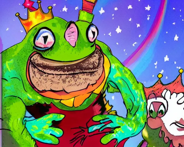 Prompt: Clown Frog King looks down from the clown castle at a furious battle below, king pepe with rainbow wig, in the style of Berserk, clown frog battle