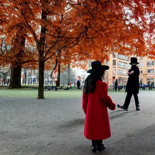 Prompt: A thin man in a black coat and bowler hat talks with small young girl dressed in a red coat and a red hat, park, autumn, Berlin, in style of valentine aerobics, wide angle, high detail, width 768