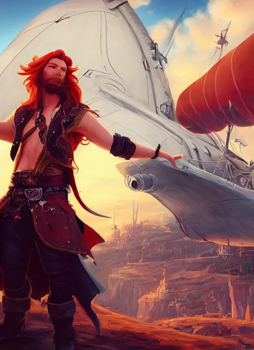 Image similar to disney style : an epic fantasy comic book style portrait painting of a long haired, red headed male sky - pirate in front of an airship in the style of disney, unreal 5, daz, hyperrealistic, octane render, cosplay, rpg portrait, dynamic lighting