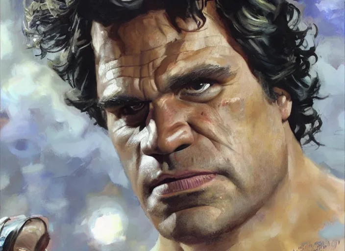 Prompt: a highly detailed beautiful portrait of mark ruffalo as the hulk, by gregory manchess, james gurney, james jean