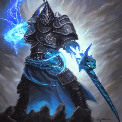 Image similar to oil painting of blue dragonborn cleric of a storm god, dungeons and dragons, lightning, tempest shield, holy, epic