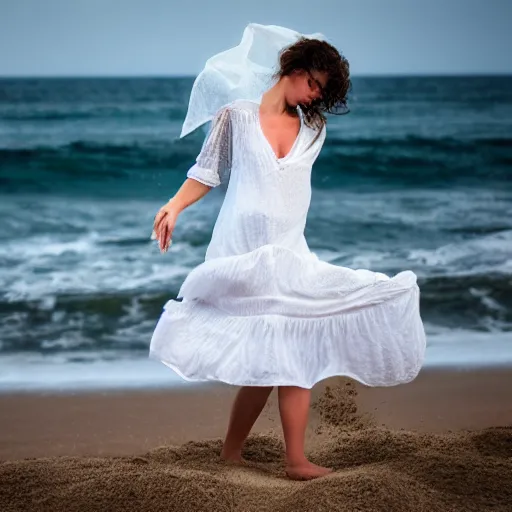 Prompt: lonely wonderful queen with a white large magnificent more and more vaporous, wrapped, hight decorated detailed, white roses cotton dress is moving in the sand near the ocean, during lightning storm, her face is visible, 8 k
