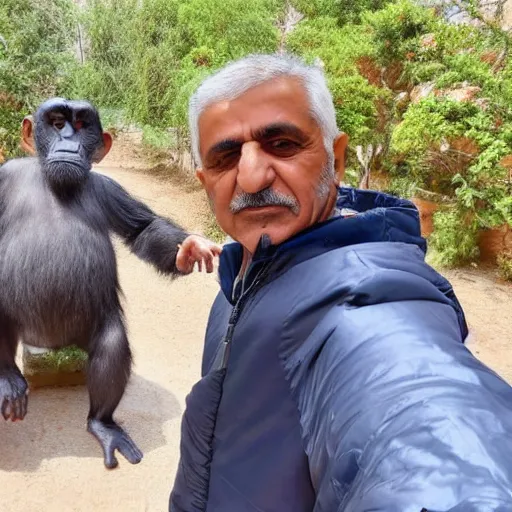 Prompt: my Kurdish dad taking a selfie with the front camera, in the background you can see a chimpanzee wearing male kurdish clothes, 4k uhd photo