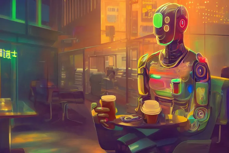 Image similar to An android with multiple arms having a cup of coffee outside a coffee shop in Japan, neon lights, digital painting, trending on artstation, deviantart, 8k, epic composition, intrinsic details, AAA graphics