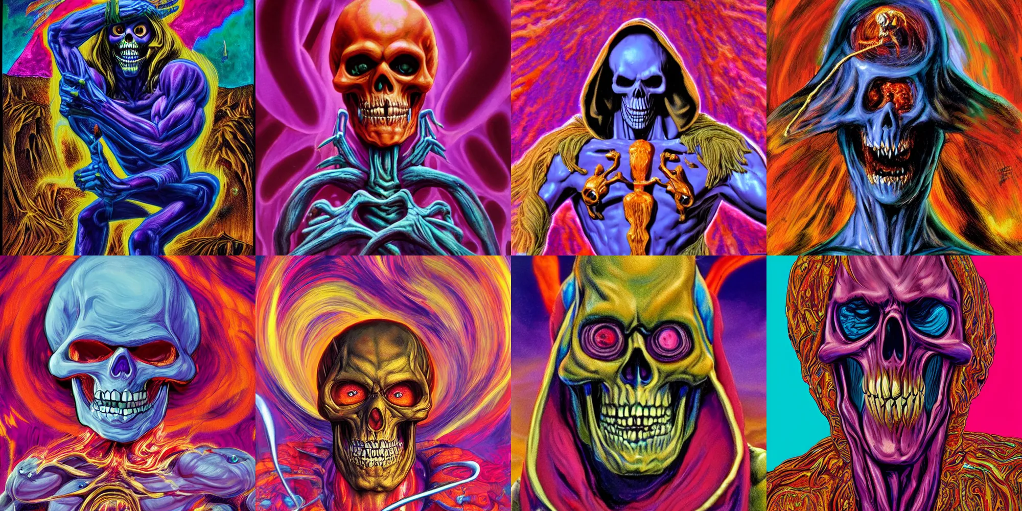 Prompt: skeletor from masters of the universe when the bean kicks in, psychedelic, highly detailed, 8 k, by francis bacon