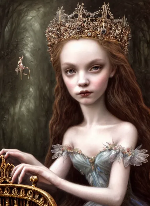 Image similar to highly detailed closeup, portrait of a gothic fairy princess wearing a crown and sitting on a throne, simple hands with straight fingers, unreal engine, nicoletta ceccoli, mark ryden, earl norem, lostfish, global illumination, detailed and intricate environment