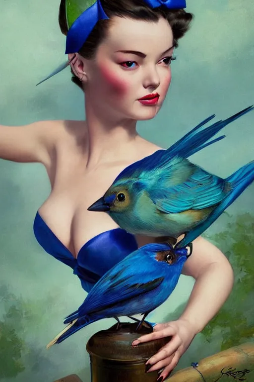 Image similar to hyper realistic painting, tasteful pinup girl holding an indigo bunting, bird, the bird is wearing a bowtie, by greg rutkowski, rossdraws, gil elvgren, enoch bolles, anime, porcelain glistening skin, very coherent