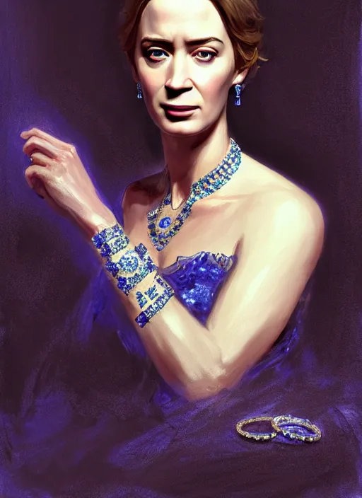 Image similar to portrait of emily blunt as queen, jewelry, greek, sapphire, victorian age, 1 8 9 0, intricate, headshot, key visual, conceptart, ambient lighting, highly detailed, digital painting, artstation, concept art, sharp focus, by makoto shinkai and akihiko yoshida and greg manchess