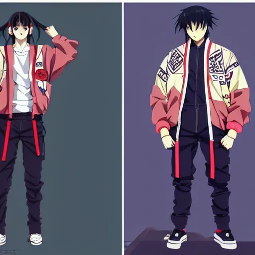 Image similar to a beautiful androgoynous anime boy gravure model, wearing oversized mayan bomber jacket and leotard with overalls, bulky poofy bomber jacket with mayan patterns, aztec street fashion, gapmoe yandere grimdark, trending on pixiv fanbox, painted by greg rutkowski makoto shinkai takashi takeuchi studio ghibli, akihiko yoshida