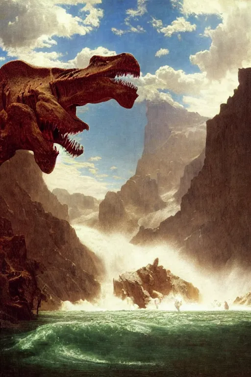 Image similar to a huge dinosaur demon emerges from lake in canadian rockies watched by three people, water splashes cascades, beautiful day, by albert bierstadt, ruan jia, lawrence alma tadema, zdzislaw beksinski, carl spitzweg, everett raymond kinstler, norman rockwell, jack kirby, tom lovell, greg staples