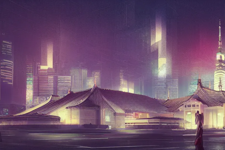 Prompt: exterior view of istiqlal mosque tokyo at night, promotional architectural photo, but in setting of japanese cyberpunk, neon tones, cgsociety, artstation